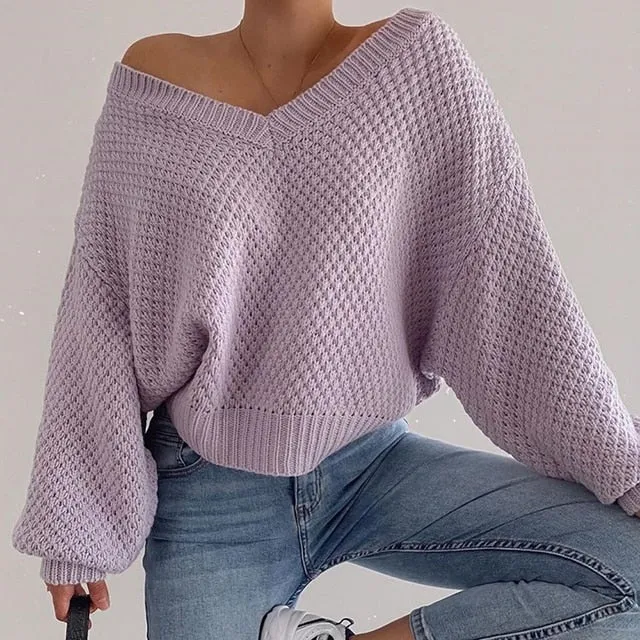 2023 Pullovers Women Autumn Winter Sweaters Solid V-Neck Loose Casual Daily Basic Womens Knitted Basic Chic Long Sleeve Sweater      S2824