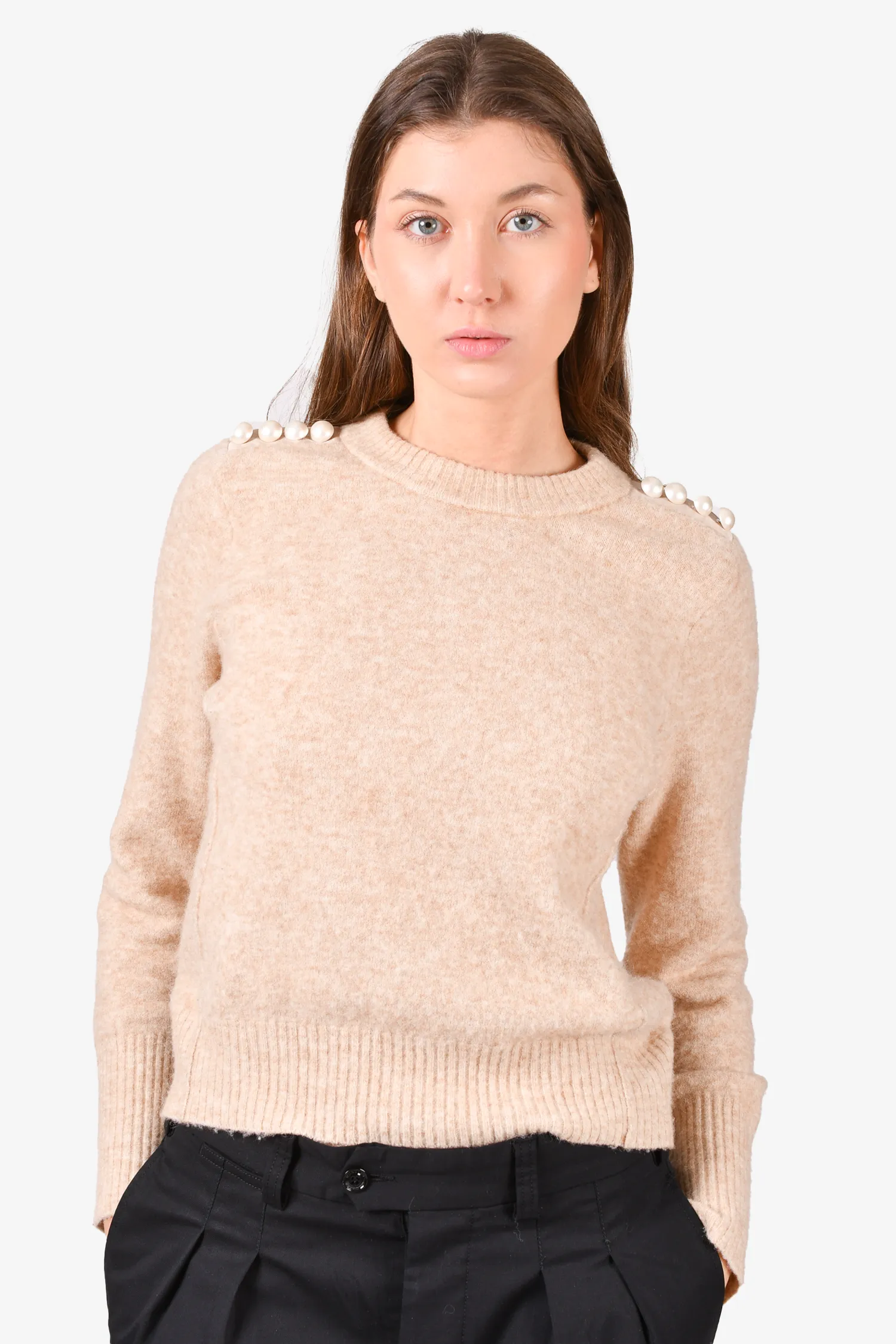 3.1 Phillip Lim Beige Wool/Alpaca Faux Pearl Embellished Crewneck Sweater Size XS