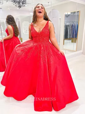 A-line Deep V neck Red Elegant Long Prom Dress Lace Party Dress Evening Dress #LOP007