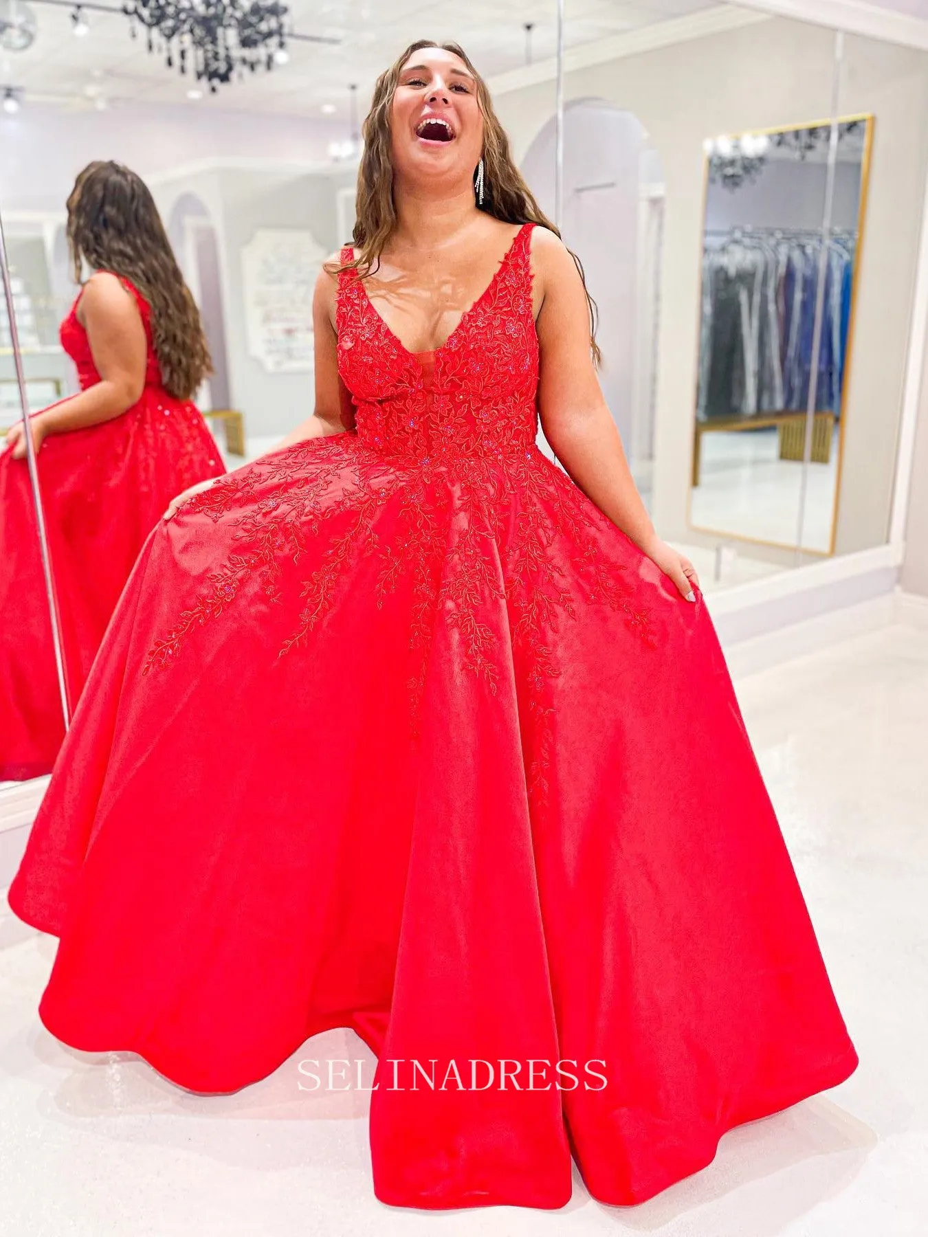 A-line Deep V neck Red Elegant Long Prom Dress Lace Party Dress Evening Dress #LOP007