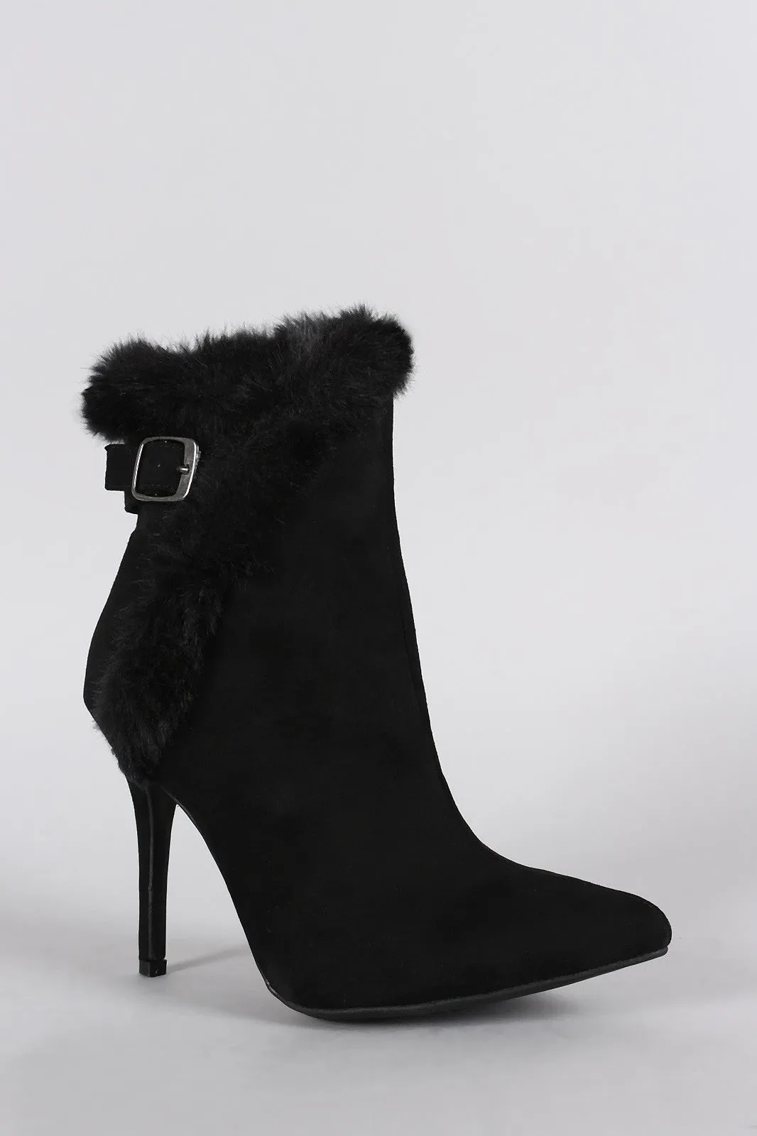 Anne Michelle Buckle Faux Fur Collar Pointy Toe Stiletto Ankle Boots