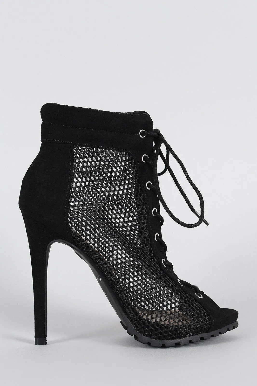 Anne Michelle Mesh Lace Up Lug Sole Booties