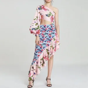 Asymmetrical Bandeau One-Sleeve Waisted Floral Patchwork Dress Wholesale Womens Clothing N3823081800007