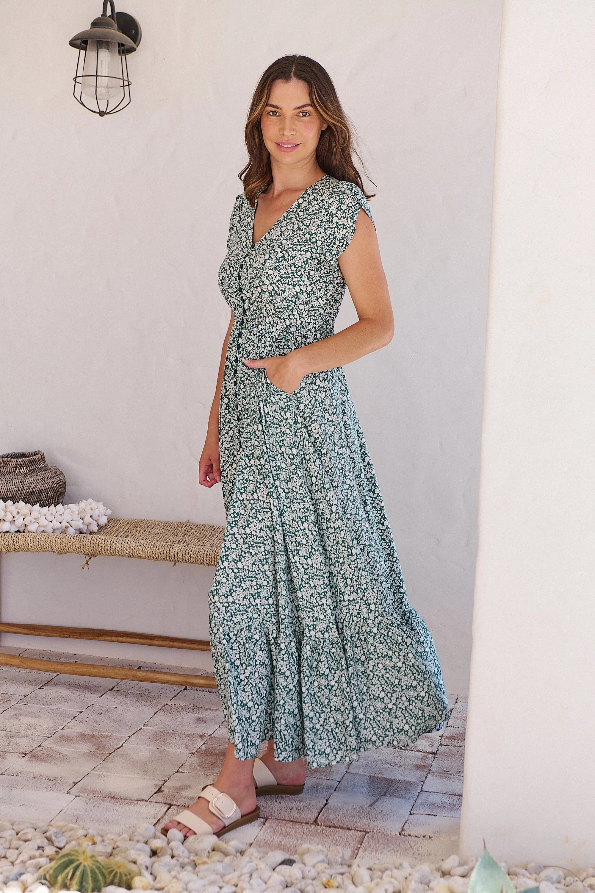 Augustina Button Front Green/White Floral Print Maxi Dress