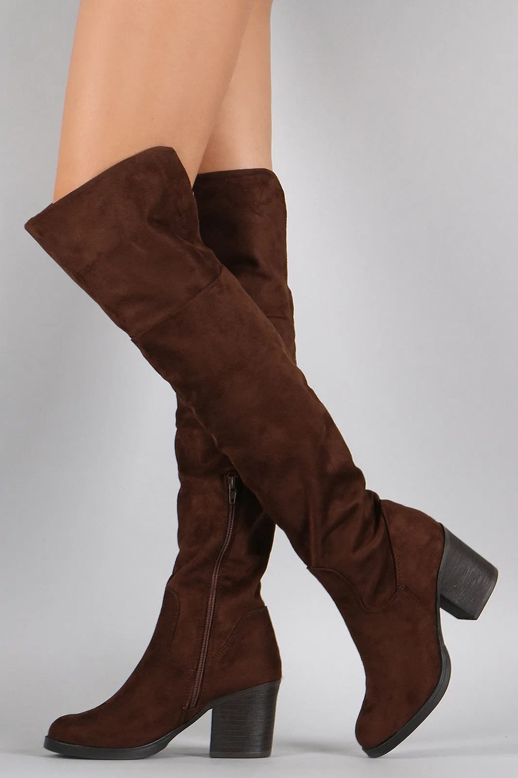 Bamboo Suede Folded Cuff Chunky Heeled Riding Boots