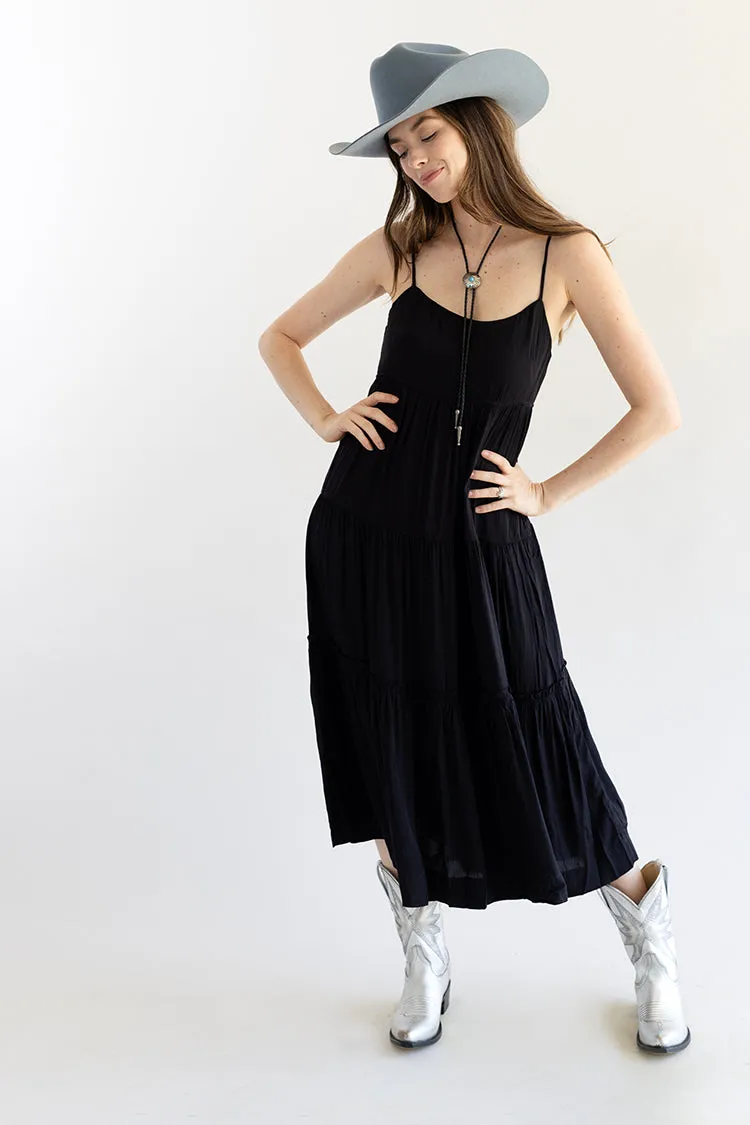 Black Tiered Skinny Strap Maxi Dress