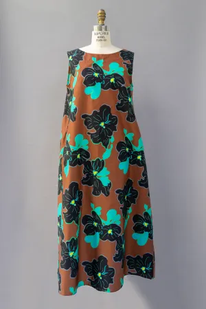 Blue, Green, Black & Brown Floral Print Long Dress