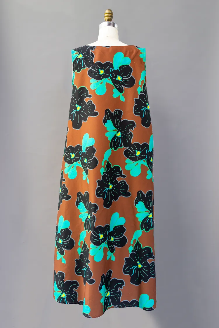 Blue, Green, Black & Brown Floral Print Long Dress