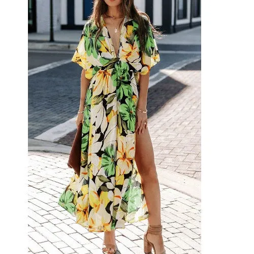 Bohemia Sexy Deep Collar Floral Long Length Seaside Beach Dress