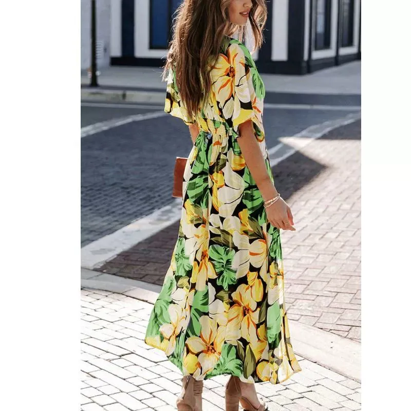 Bohemia Sexy Deep Collar Floral Long Length Seaside Beach Dress