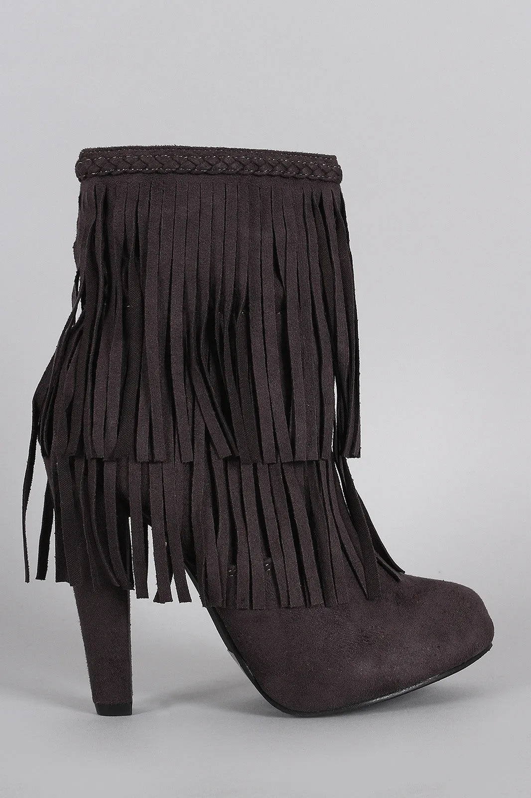 Breckelle Braided Layered Fringe Almond Toe Heeled Booties