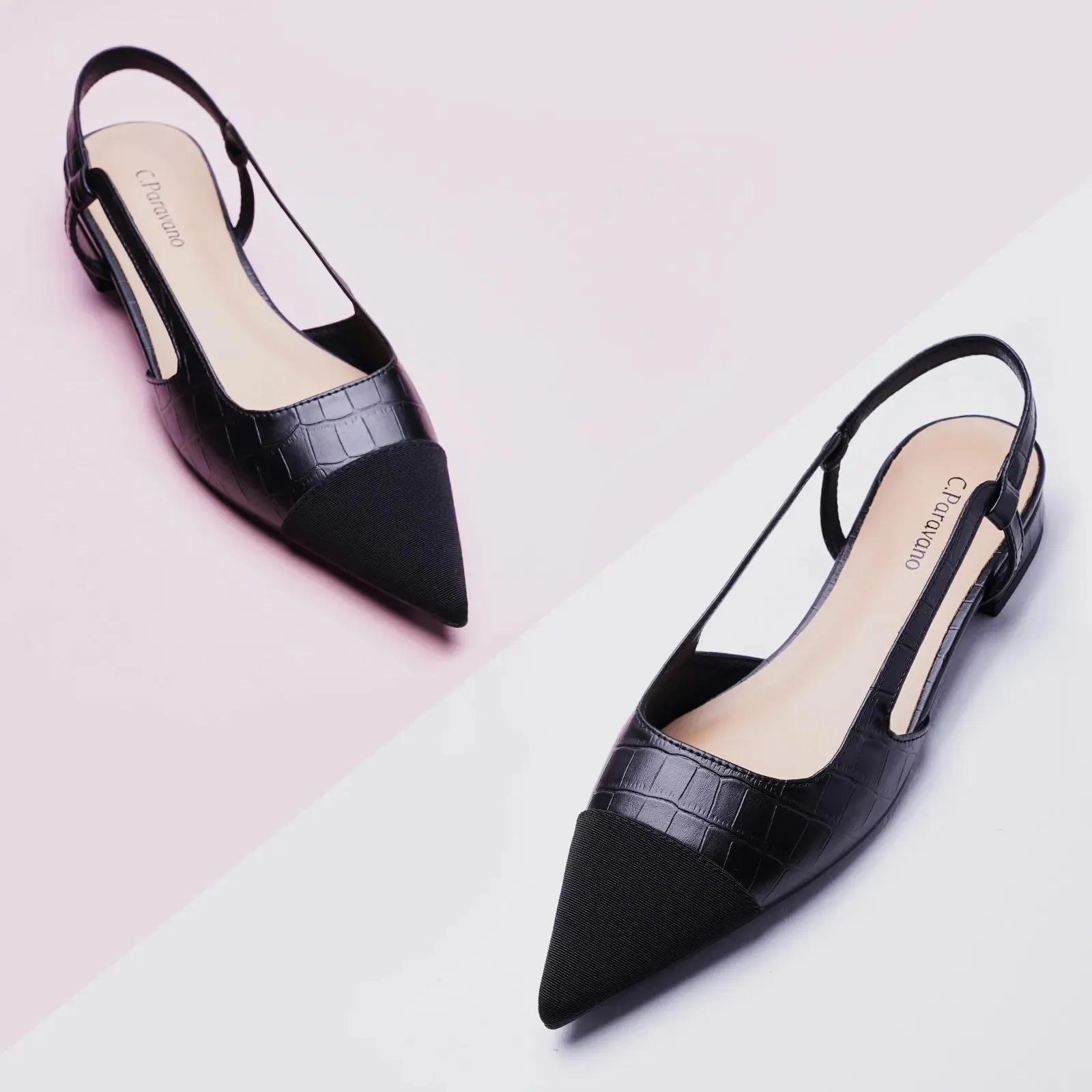 Cap-Toe Prints Slingback Flats (Freya) Black