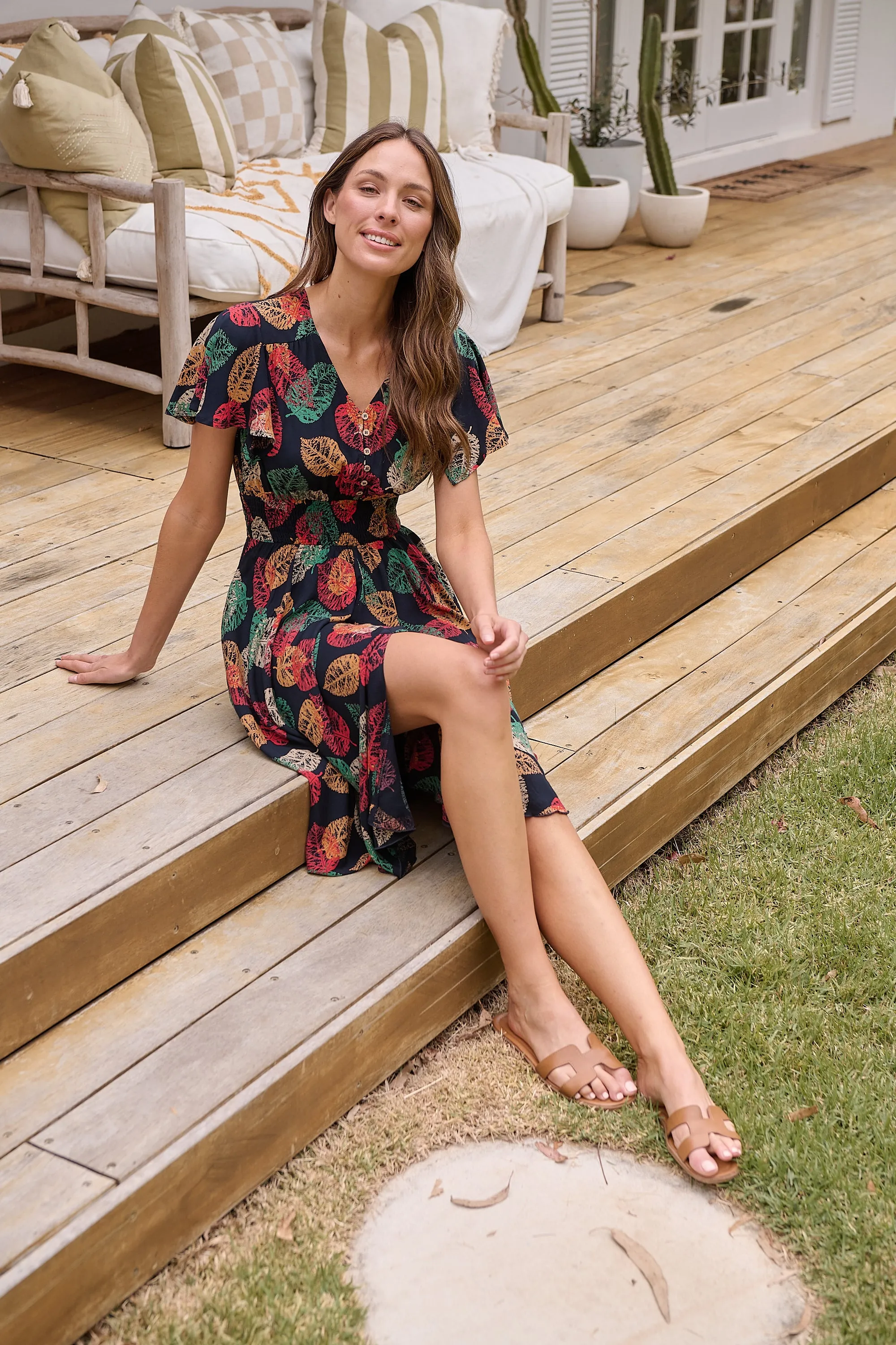 Carina Navy/Red/Green Bold Leaf Print Summer Dress