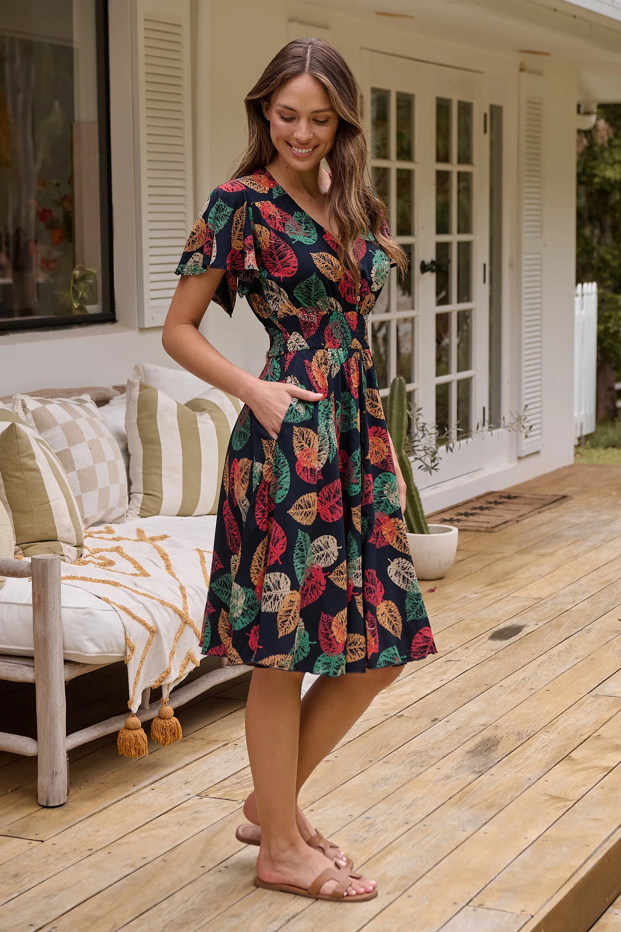 Carina Navy/Red/Green Bold Leaf Print Summer Dress