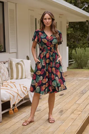 Carina Navy/Red/Green Bold Leaf Print Summer Dress