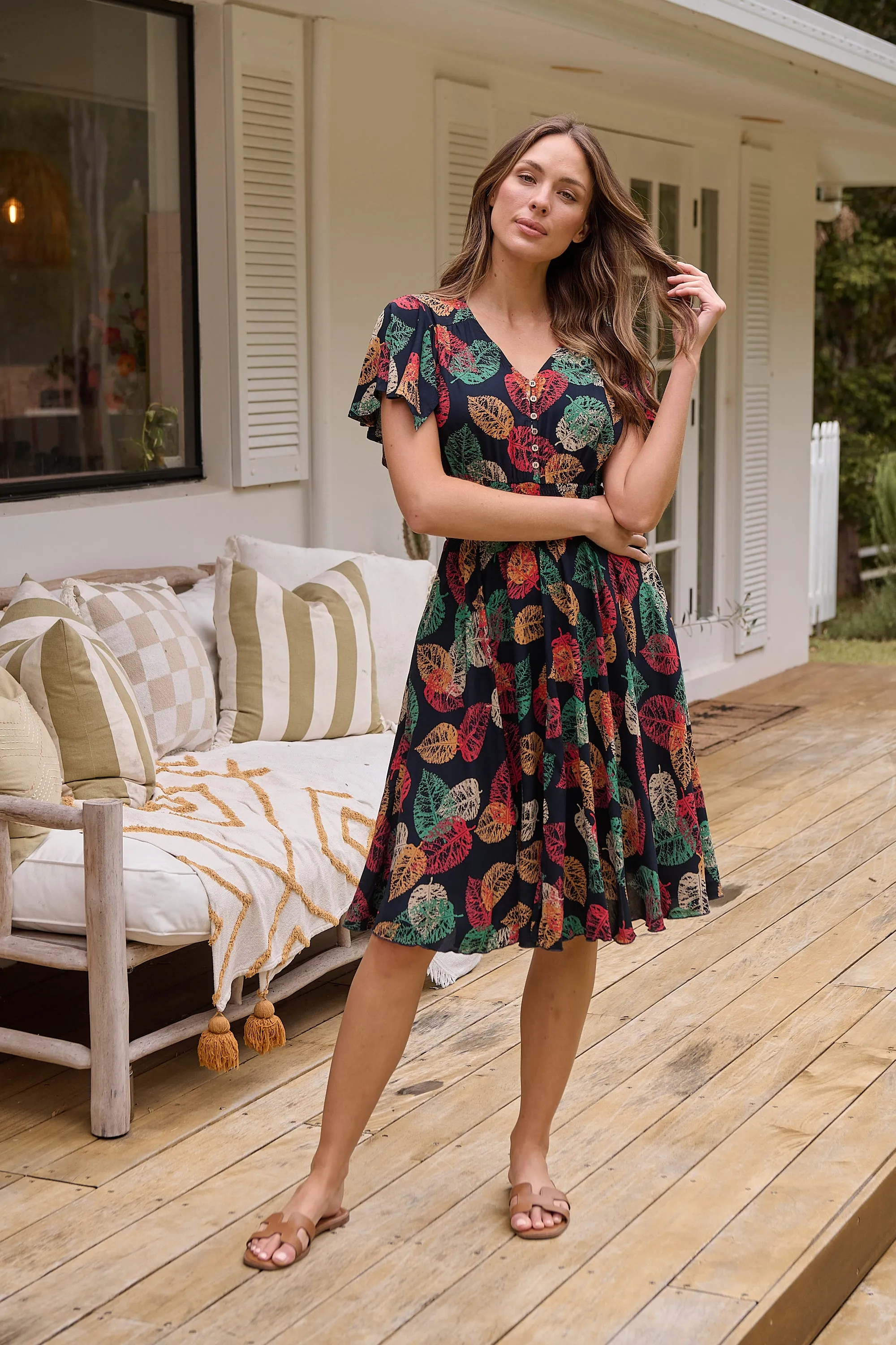 Carina Navy/Red/Green Bold Leaf Print Summer Dress