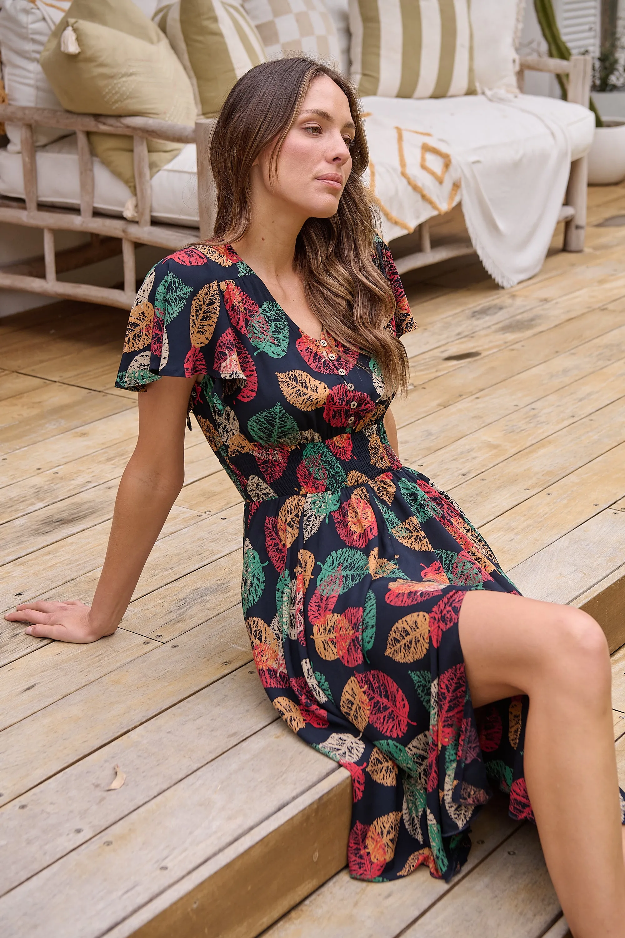 Carina Navy/Red/Green Bold Leaf Print Summer Dress