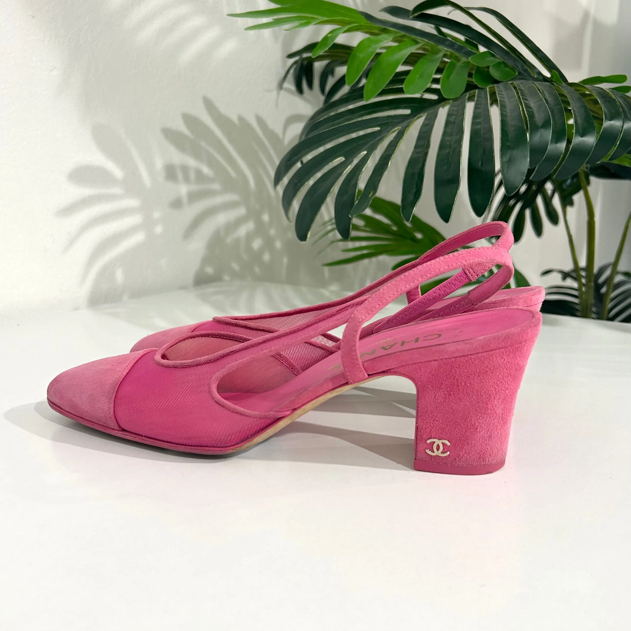 Chanel 2022 Pink Mesh & Suede Slingbacks