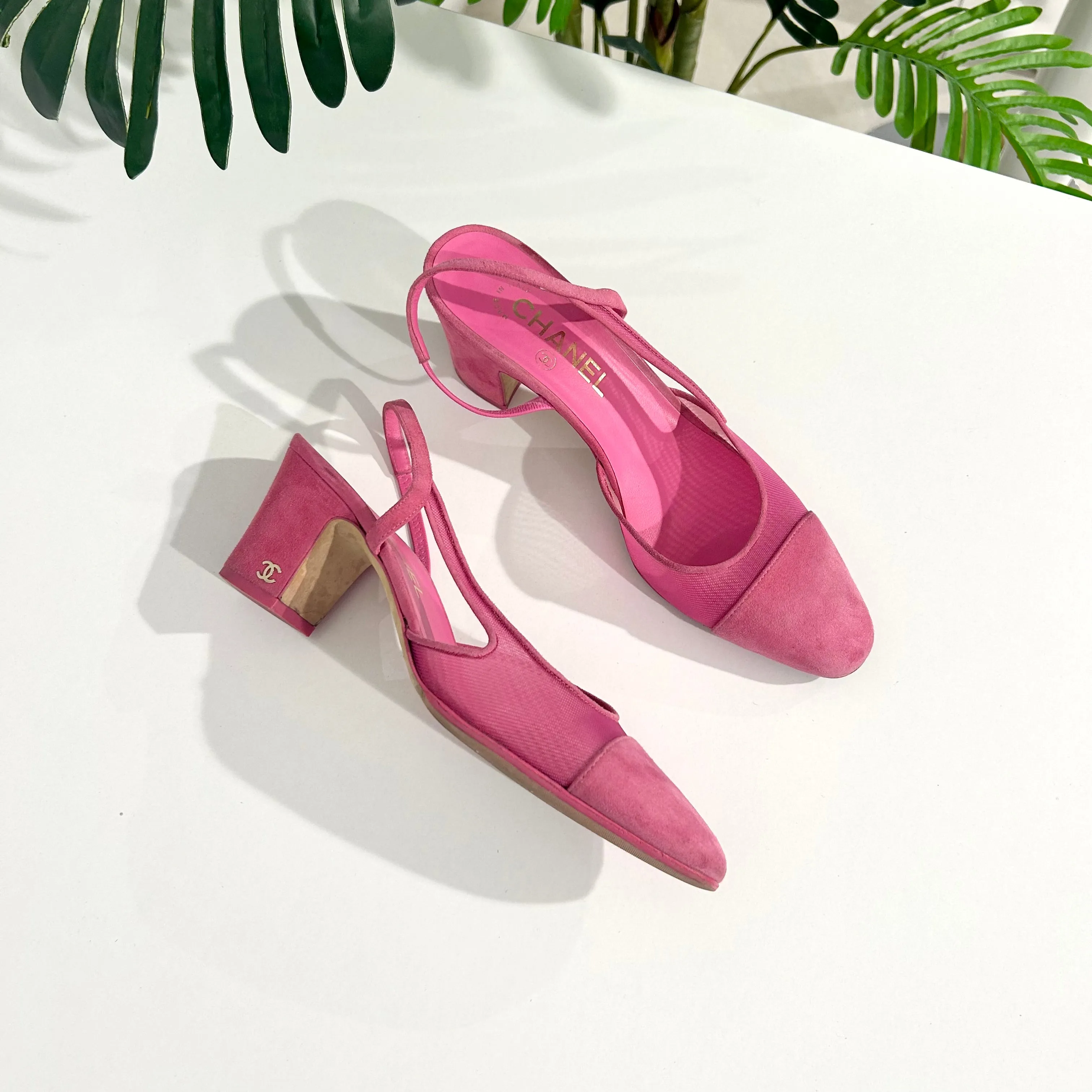 Chanel 2022 Pink Mesh & Suede Slingbacks