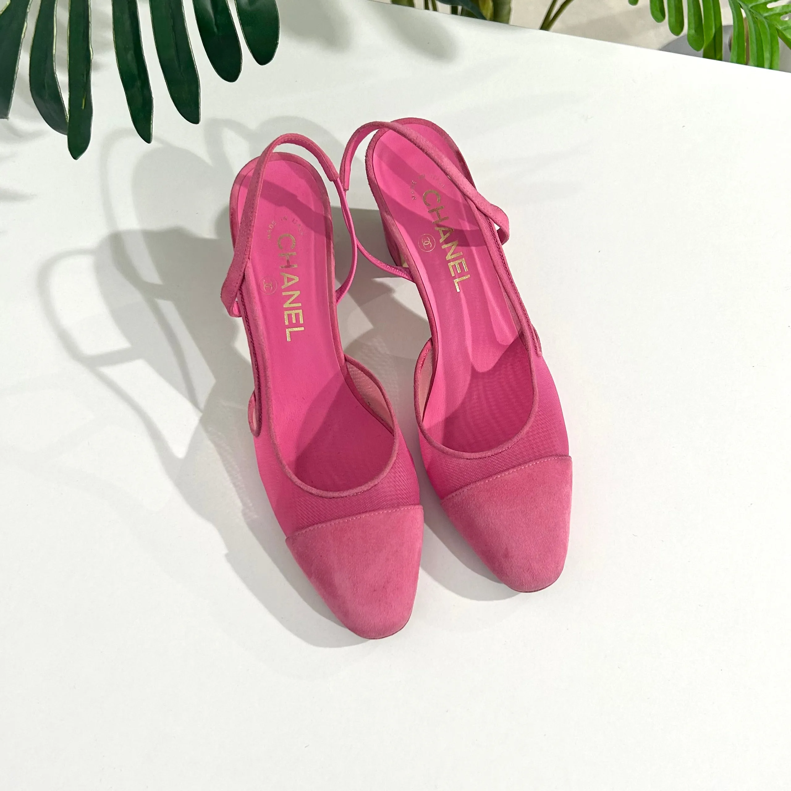 Chanel 2022 Pink Mesh & Suede Slingbacks