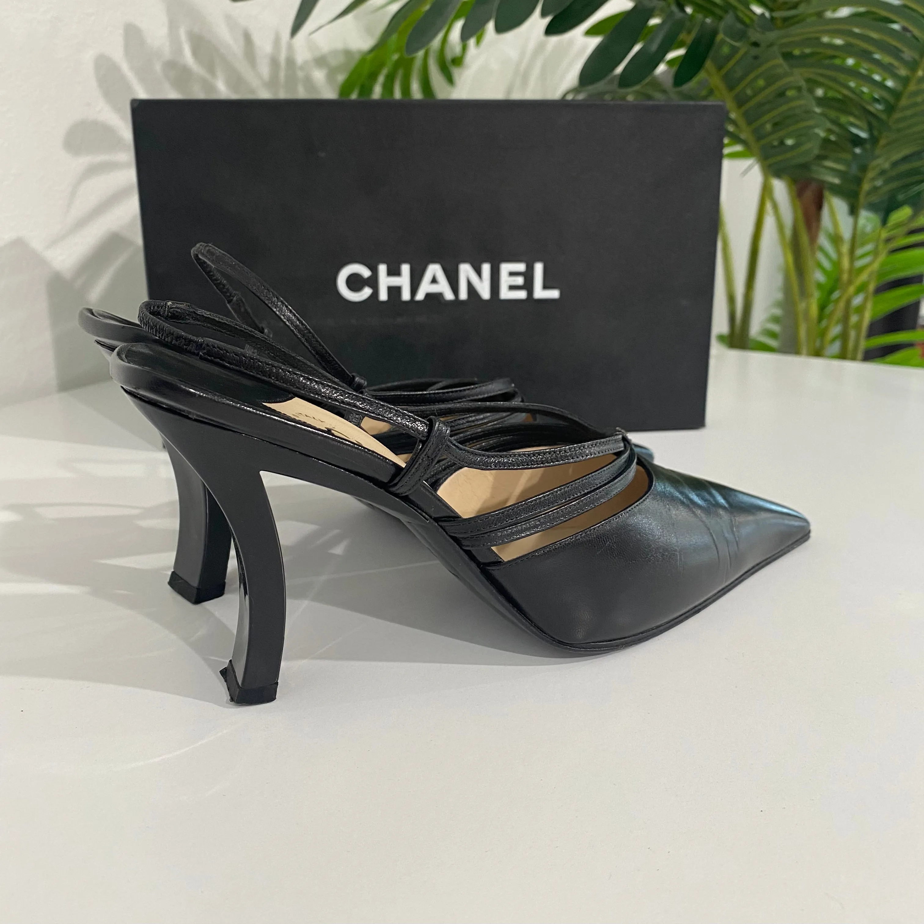 Chanel Vintage Black Strappy Slingbacks