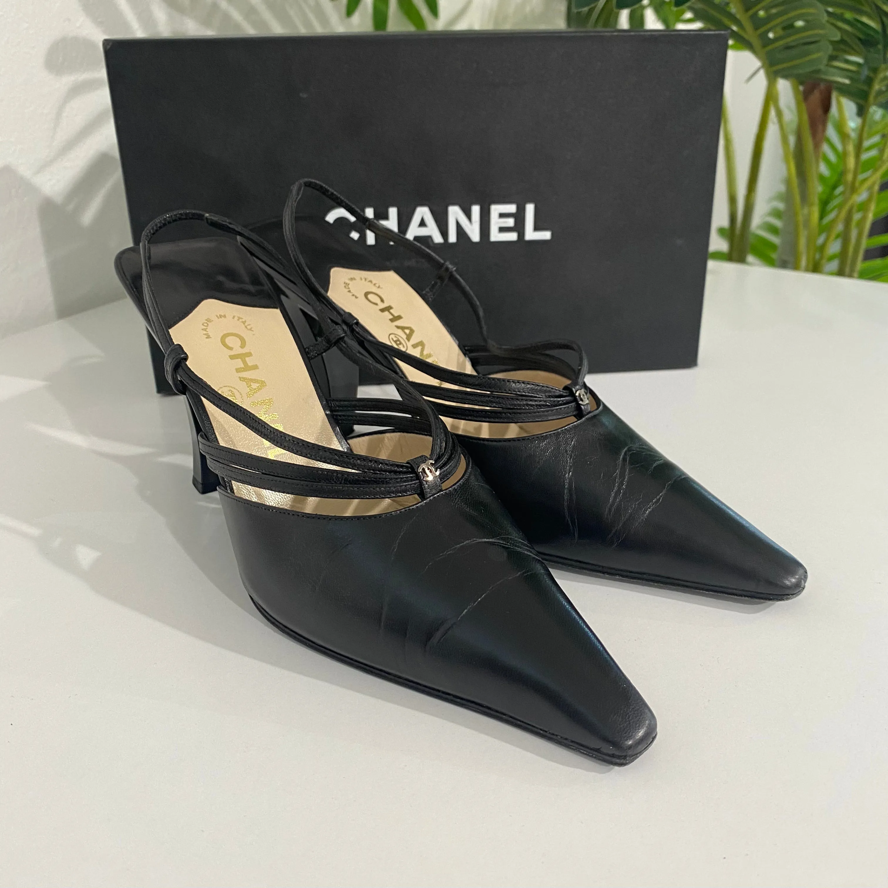 Chanel Vintage Black Strappy Slingbacks