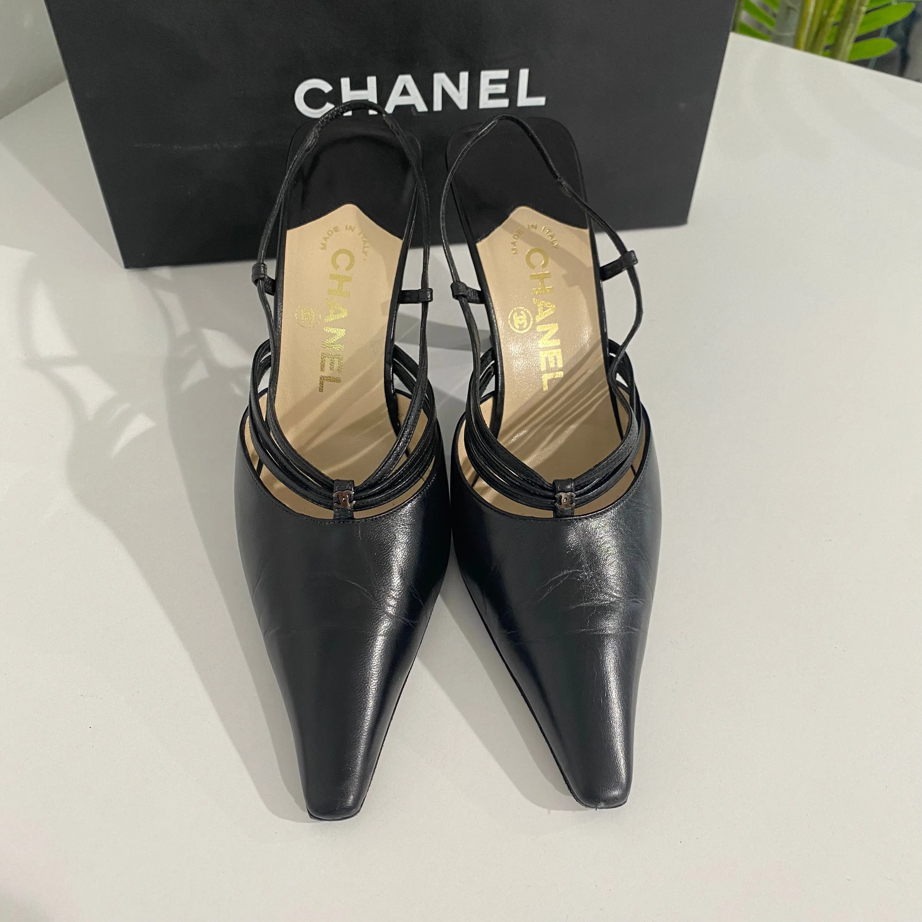 Chanel Vintage Black Strappy Slingbacks