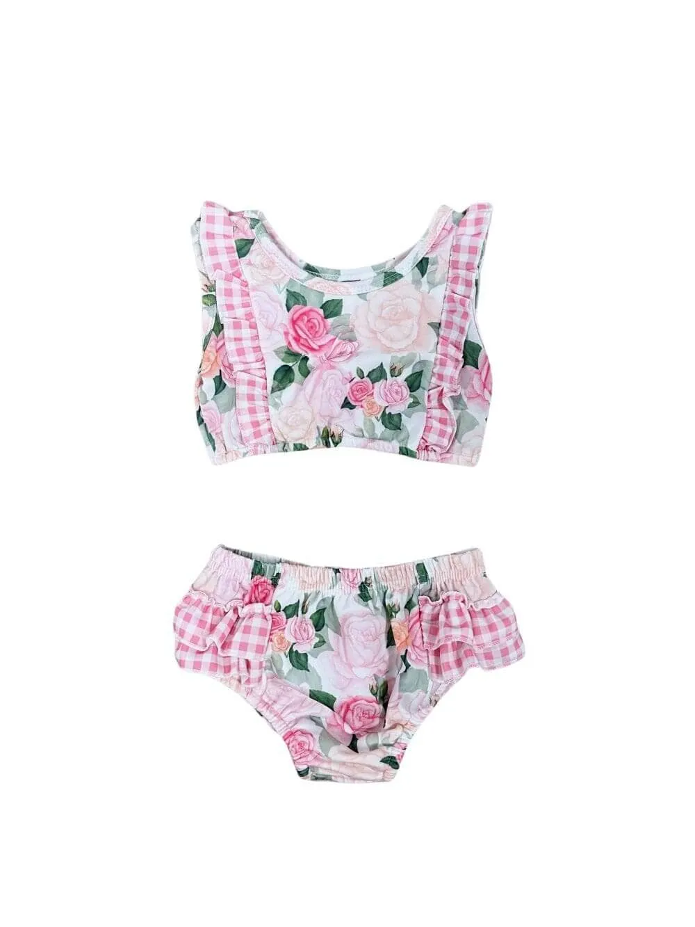 Country Floral Pink Girls Gingham Plaid Ruffle 2 Piece Swimsuit