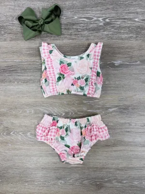 Country Floral Pink Girls Gingham Plaid Ruffle 2 Piece Swimsuit