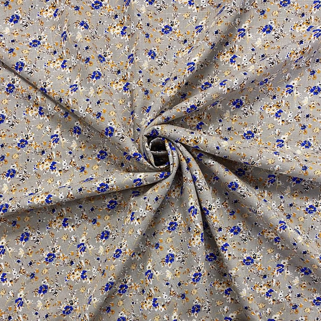 Ditsy Blue Floral Linen Mix Fabric