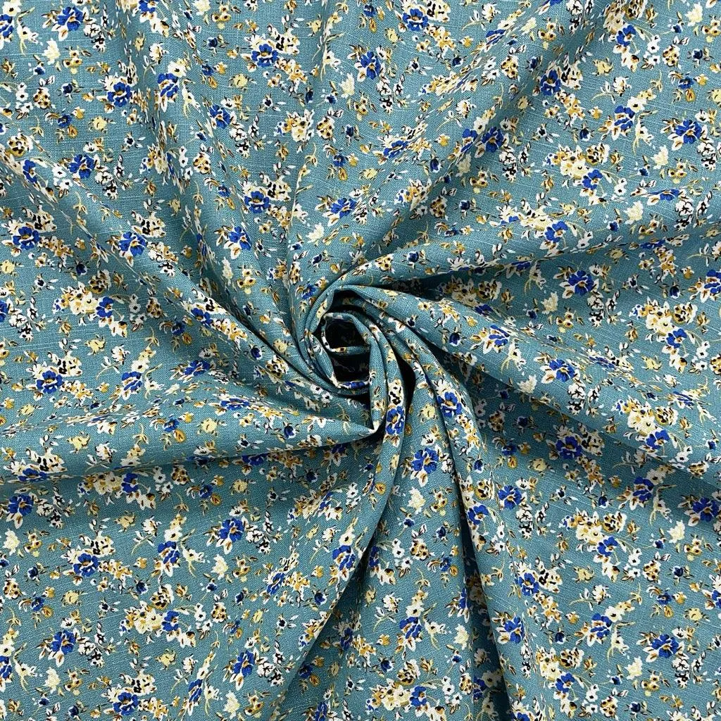 Ditsy Blue Floral Linen Mix Fabric