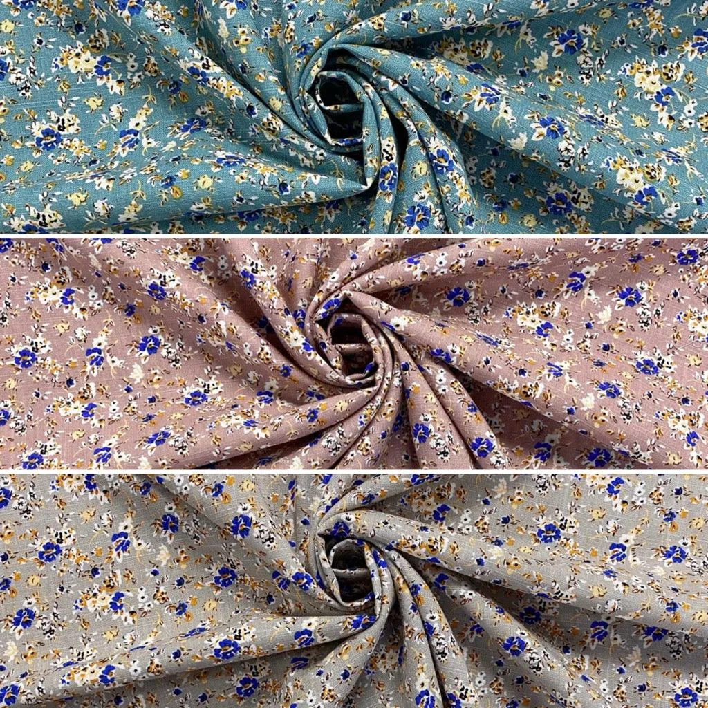 Ditsy Blue Floral Linen Mix Fabric