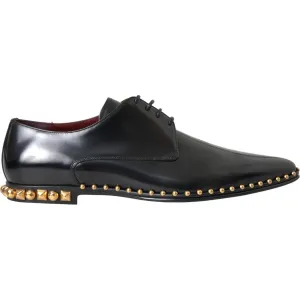 Dolce & Gabbana Black Leather Gold Studded Derby Dress Shoes