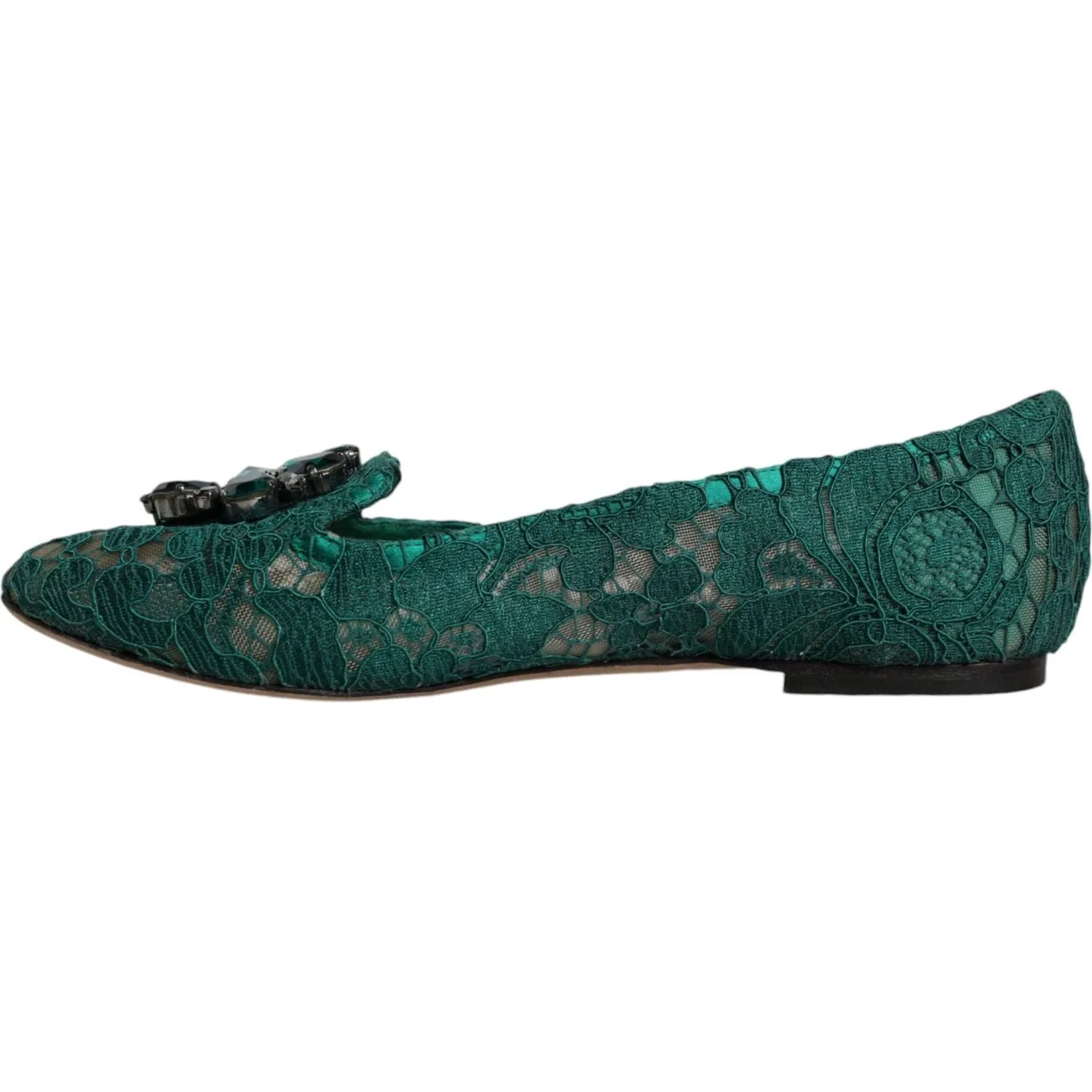 Dolce & Gabbana Green Lace Crystal Ballet Flats Loafers Shoes