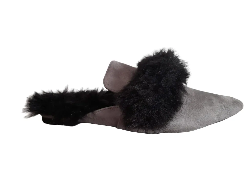 Ego Grey Suede Black Fur Womens Slip on Sandals