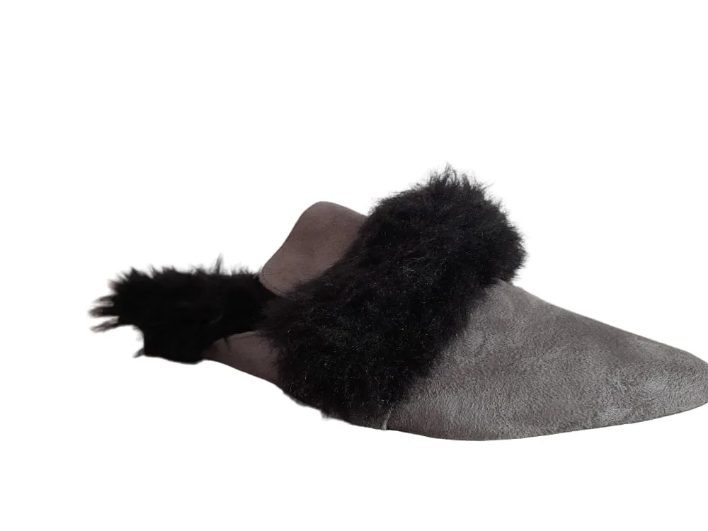 Ego Grey Suede Black Fur Womens Slip on Sandals