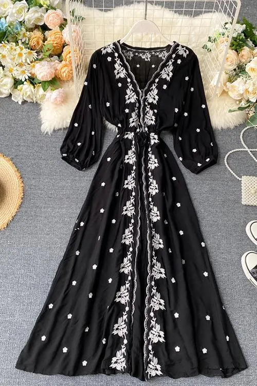 Embroidery V Neck Long Sleeve Maxi Dress