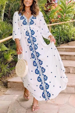 Embroidery V Neck Long Sleeve Maxi Dress