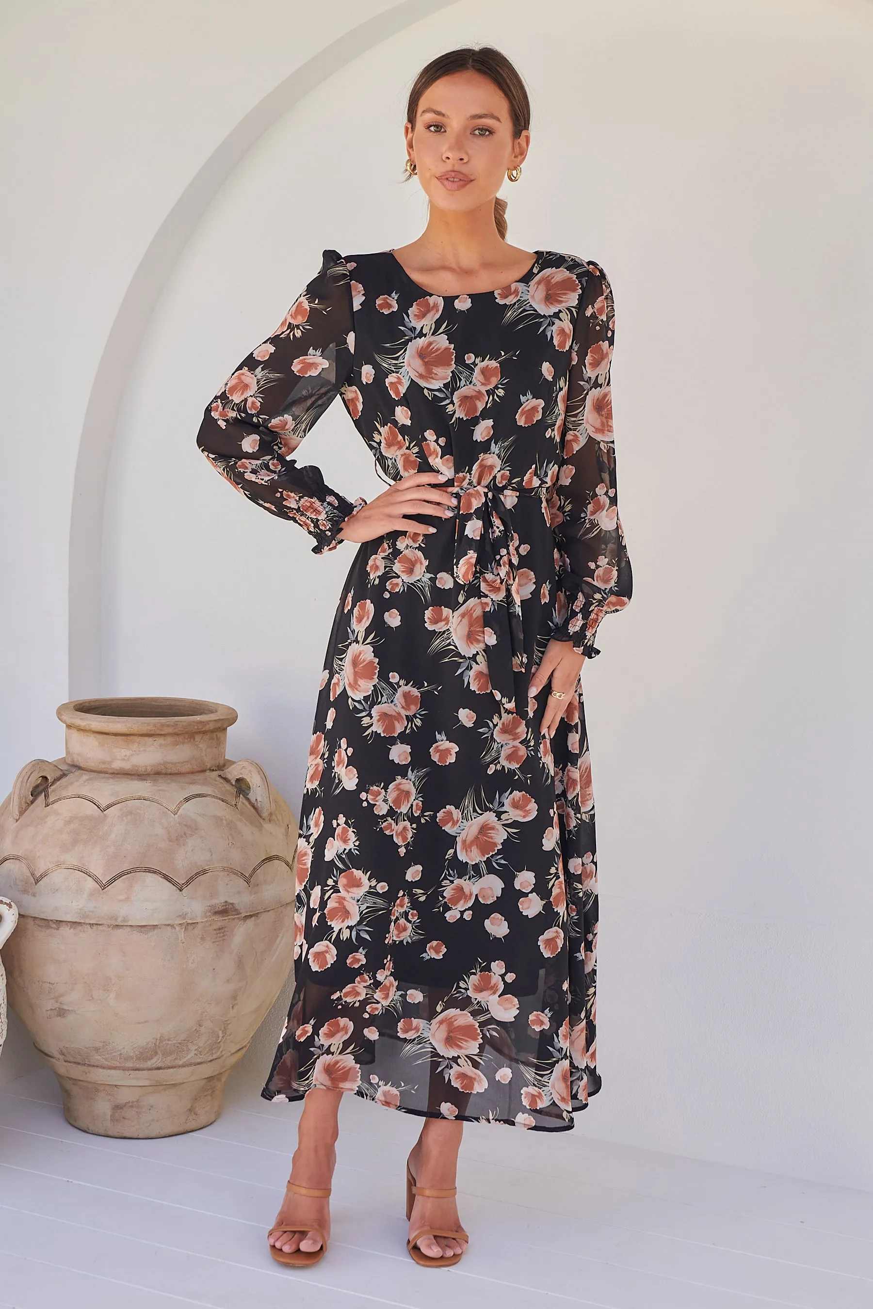 Evora Black/Rust Floral Chiffon Evening Dress