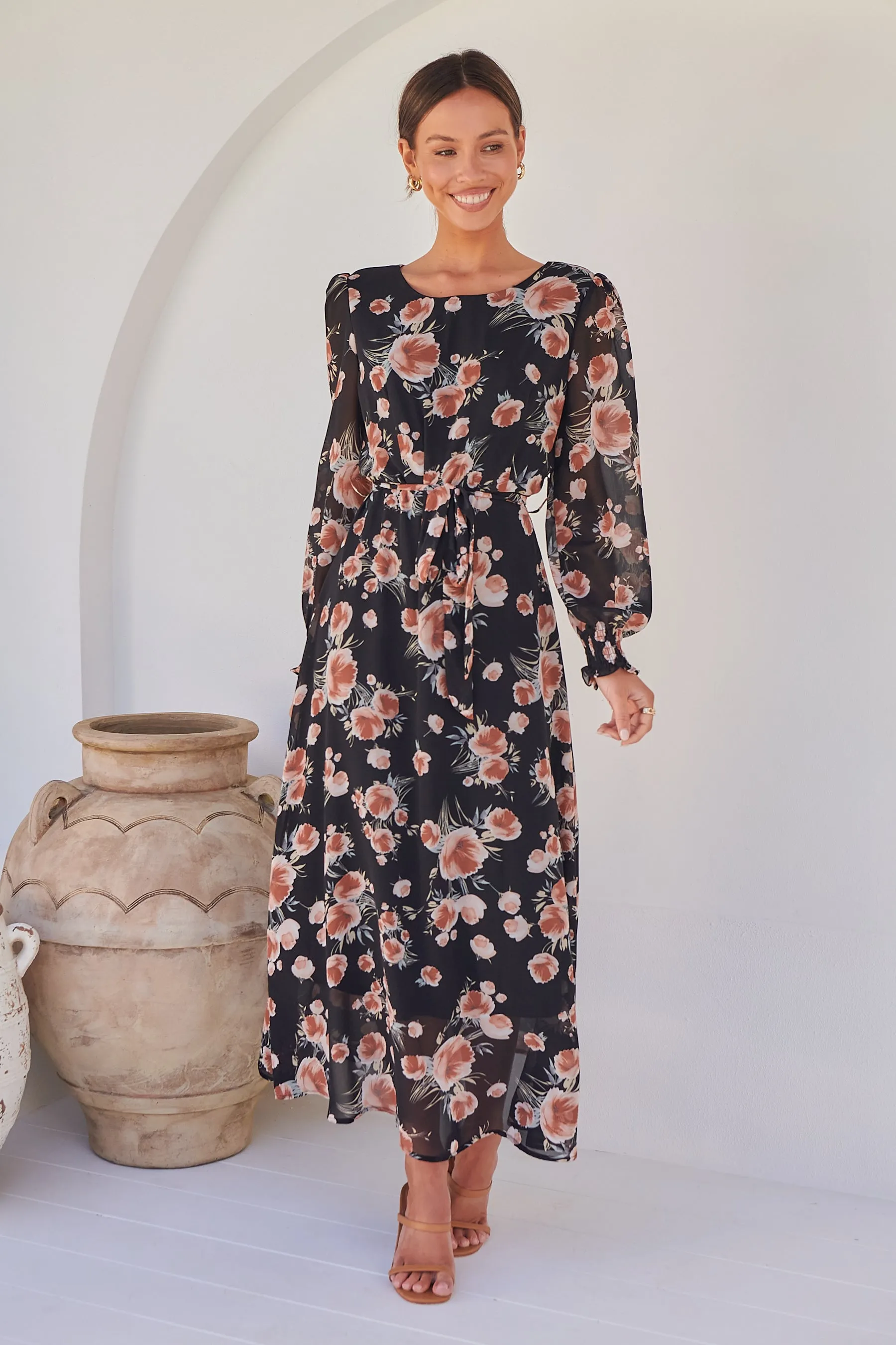 Evora Black/Rust Floral Chiffon Evening Dress