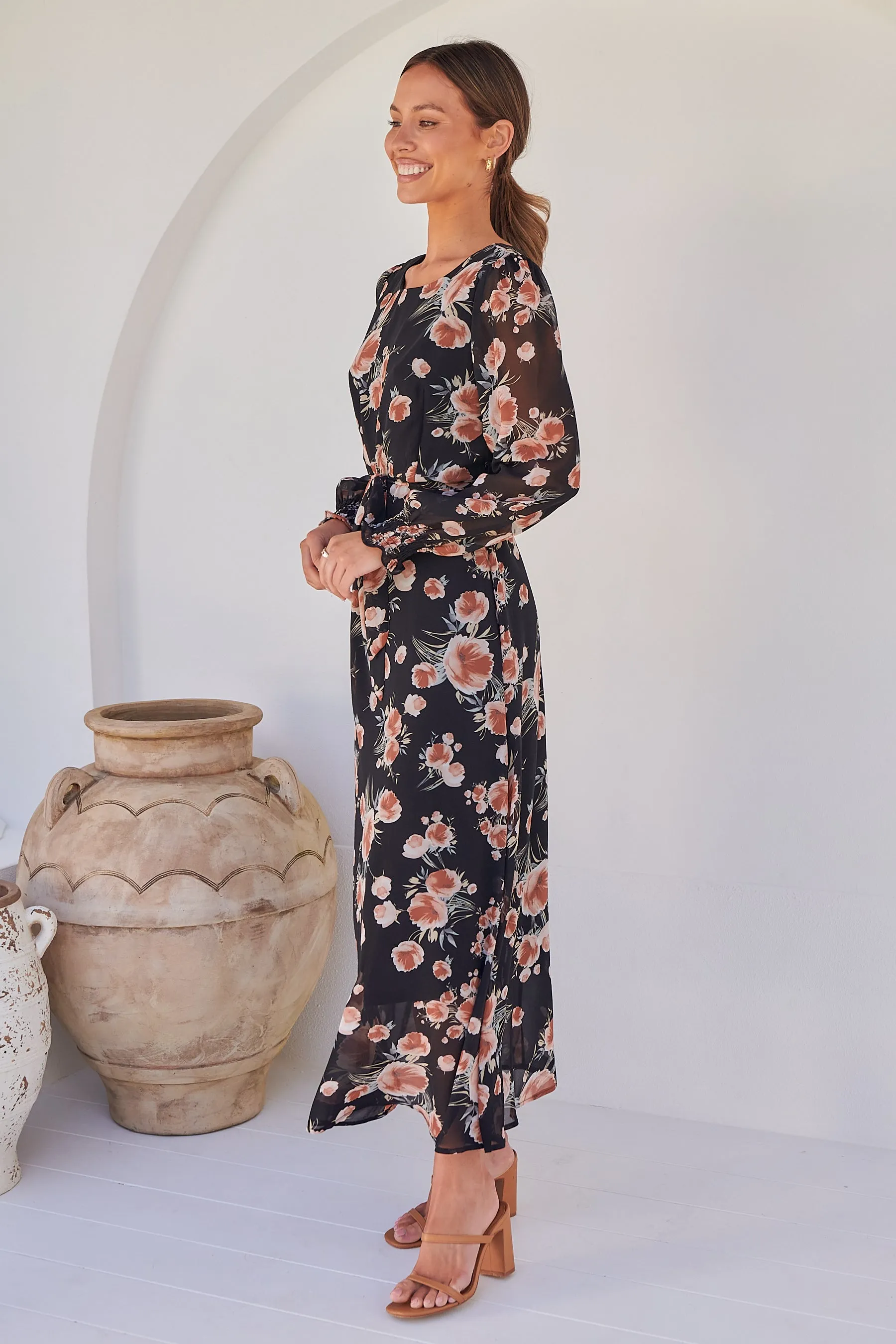 Evora Black/Rust Floral Chiffon Evening Dress