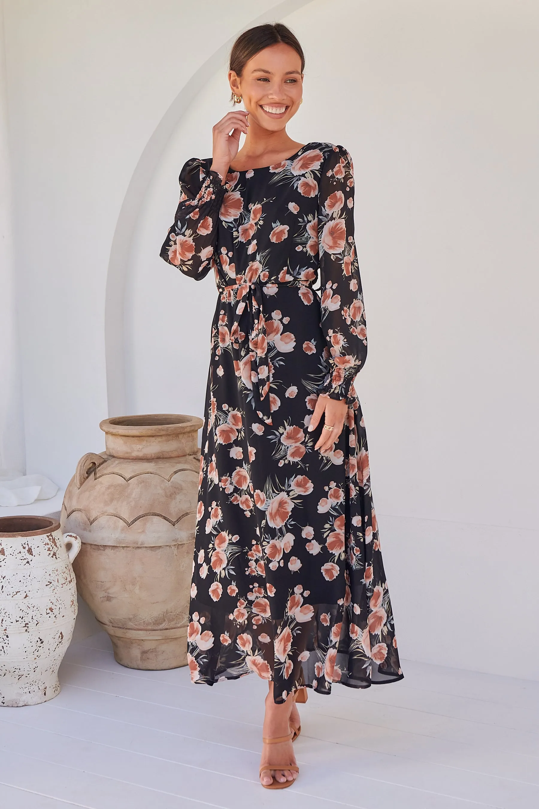 Evora Black/Rust Floral Chiffon Evening Dress