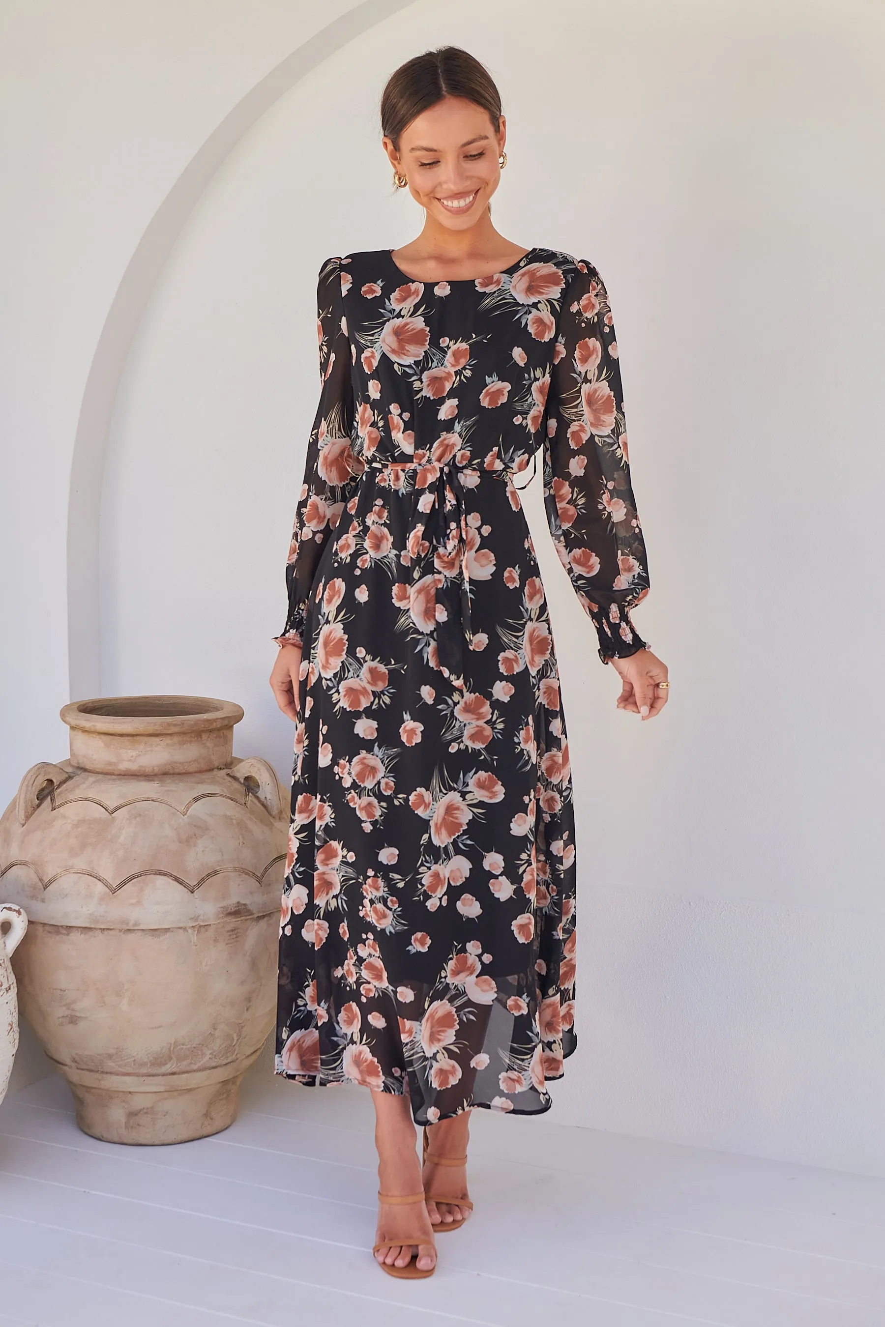 Evora Black/Rust Floral Chiffon Evening Dress