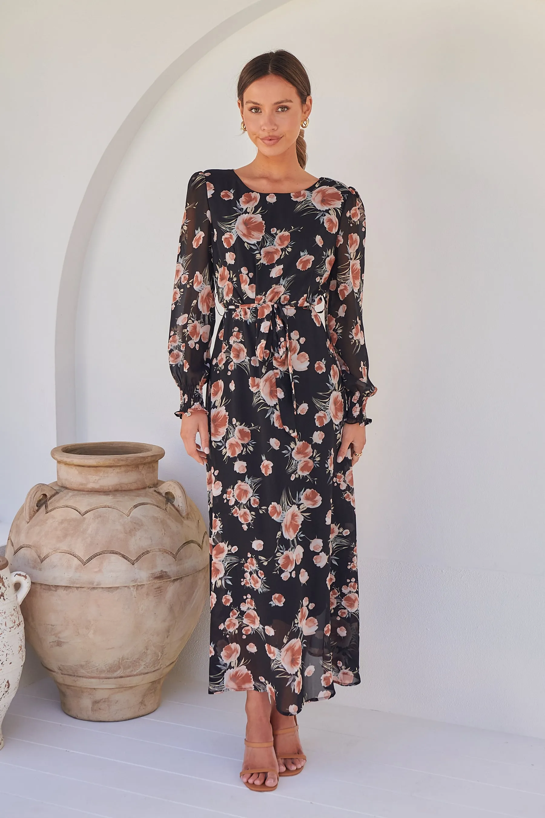 Evora Black/Rust Floral Chiffon Evening Dress