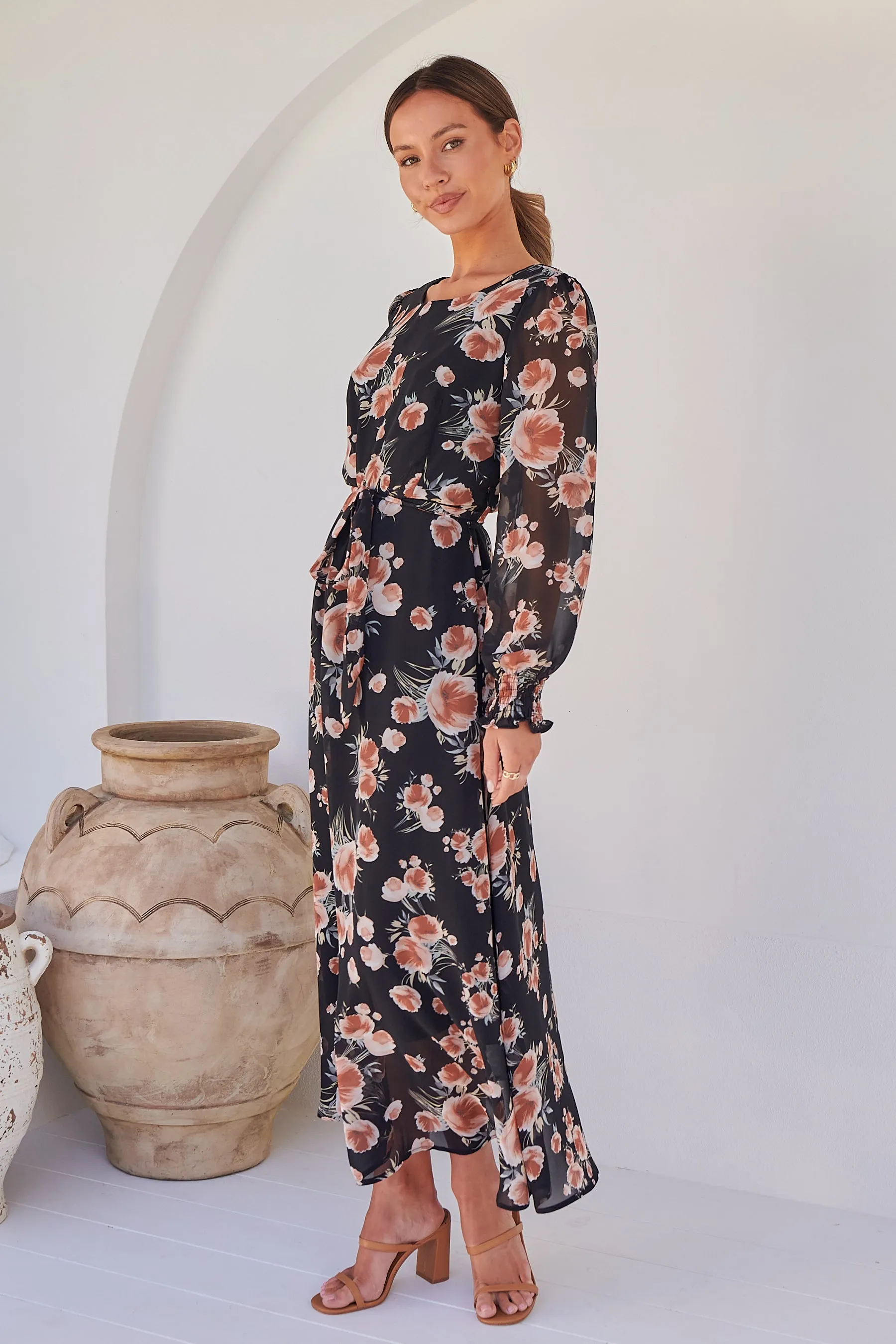 Evora Black/Rust Floral Chiffon Evening Dress