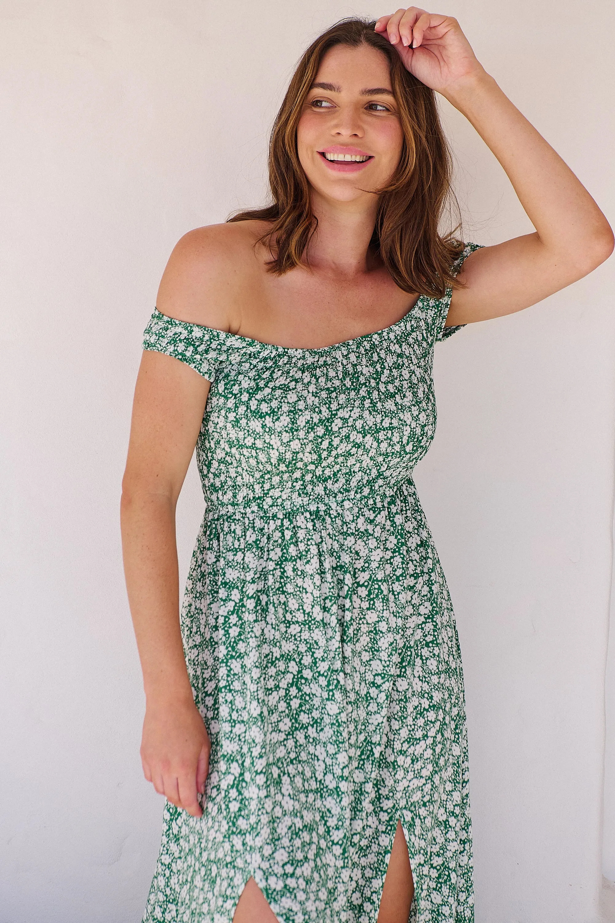 Gypsy Off Shoulder Green Ditsy Print Shirred Maxi Dress