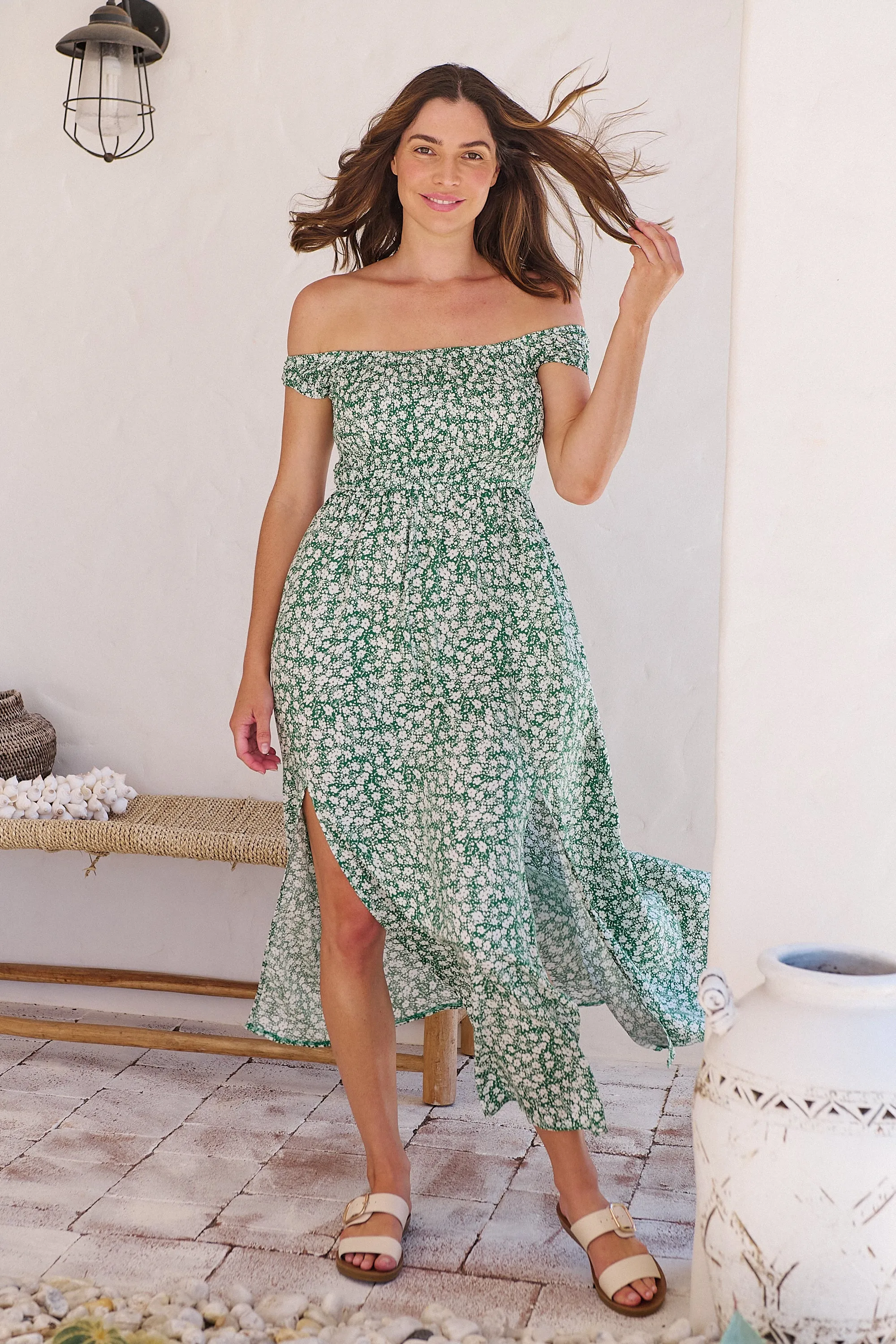 Gypsy Off Shoulder Green Ditsy Print Shirred Maxi Dress