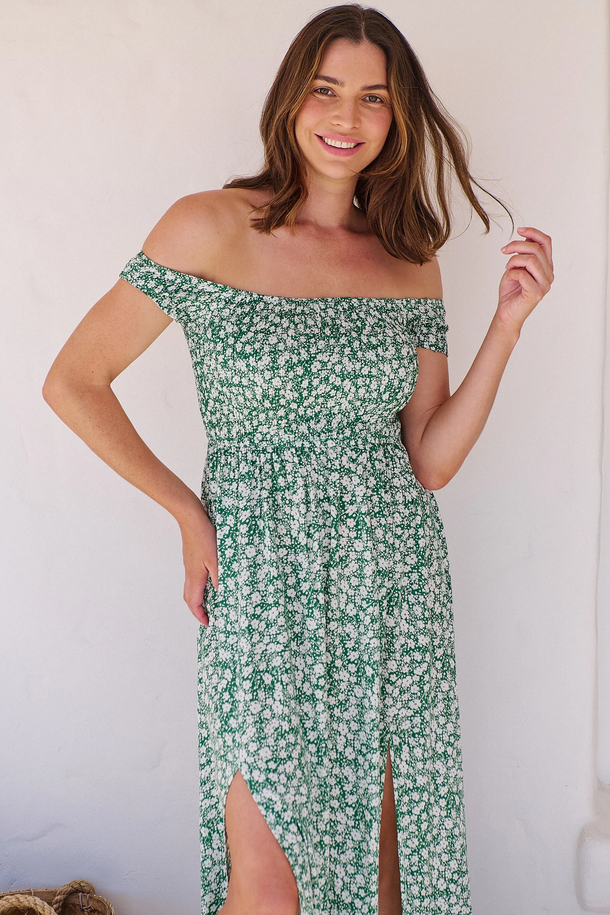 Gypsy Off Shoulder Green Ditsy Print Shirred Maxi Dress