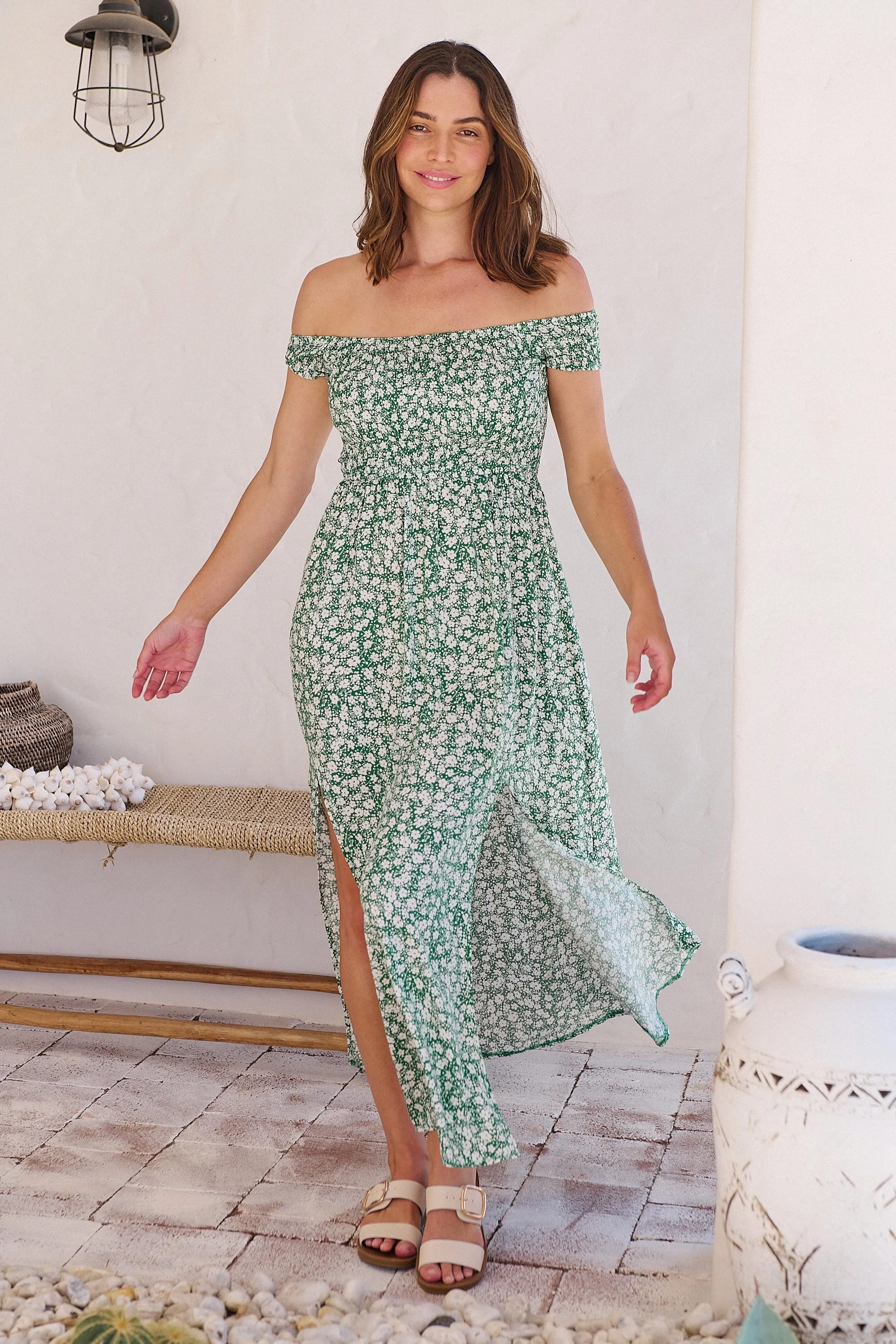 Gypsy Off Shoulder Green Ditsy Print Shirred Maxi Dress