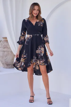 Hailey Cross Over Long Sleeve Black/Orange Print Dress